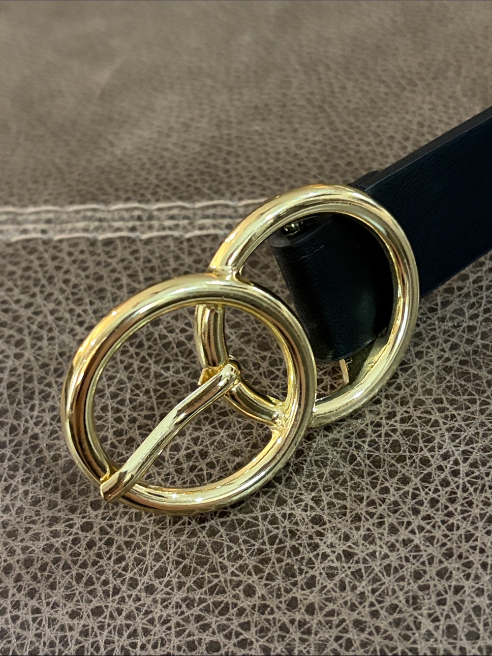 Gold Double-Ring Black Faux Leather Belt 2XL Womens like new!!